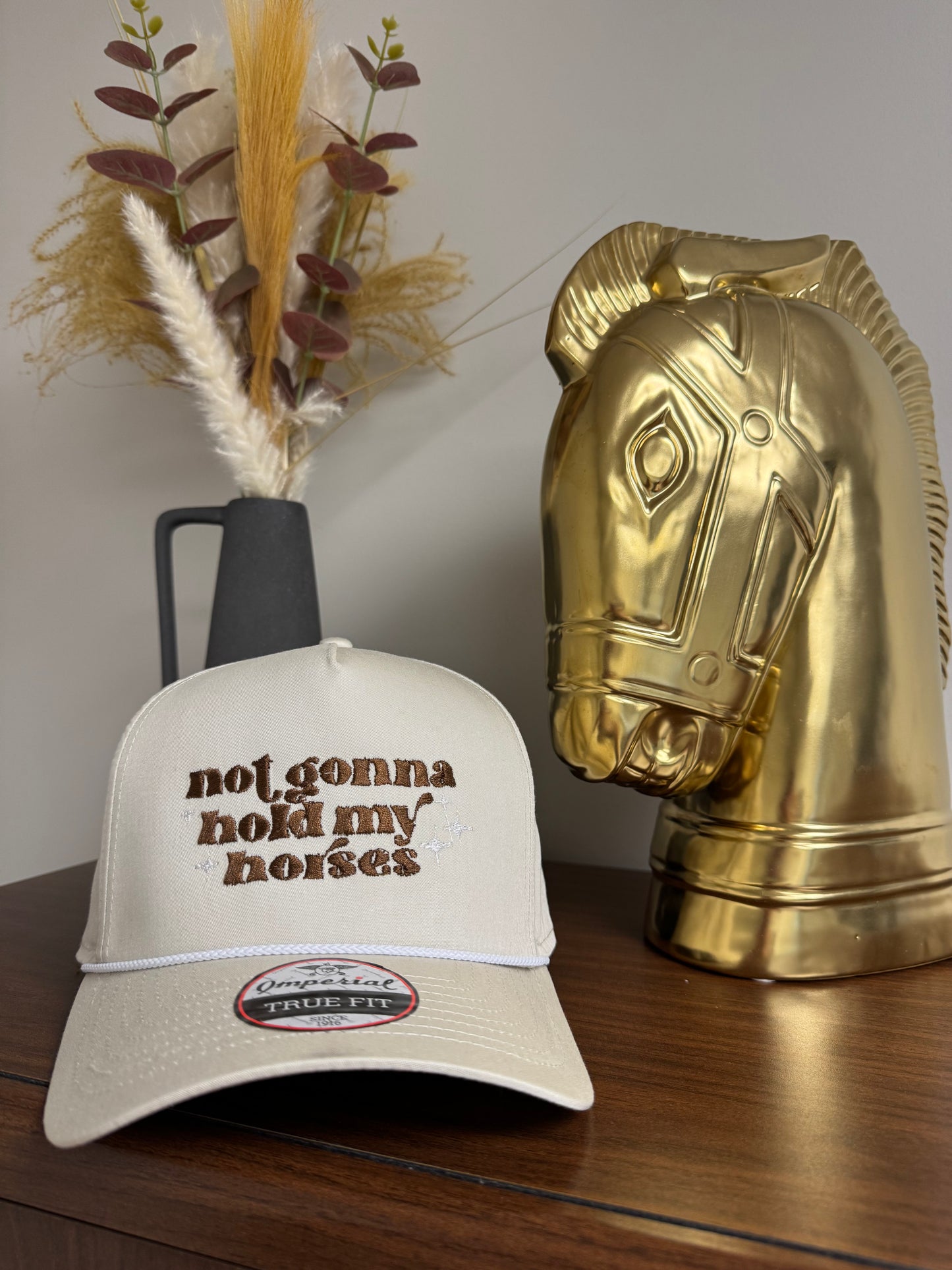Vintage Retro Style Not Gonna Hold My Horses Embroidered Snapback Trucker Hat with Rope