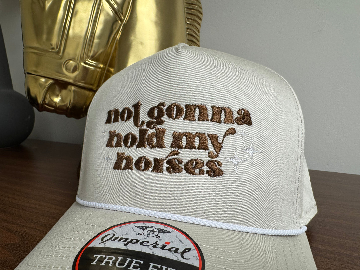 Vintage Retro Style Not Gonna Hold My Horses Embroidered Snapback Trucker Hat with Rope