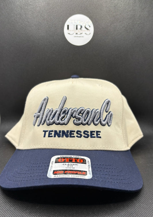 Anderson County TN Puff Script Otto A-Frame Hat | Natural with Navy Brim | Classic Fit