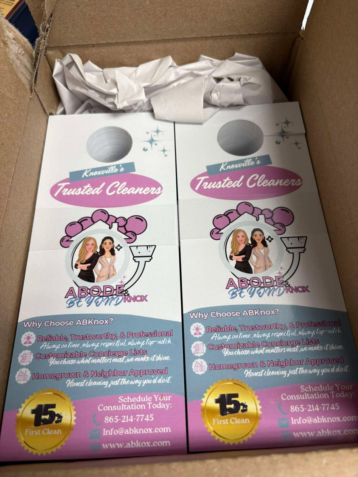 Custom printed door hangers for Abode and Beyond Knox, Knoxville's Trusted Cleaners, by United Branding Supply