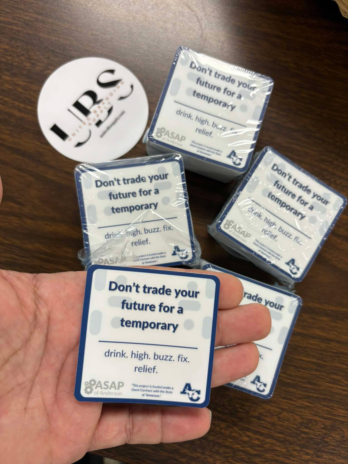 Custom printed ASAP of Anderson County substance abuse prevention stickers reading "Don't trade your future for a temporary," by United Branding Supply