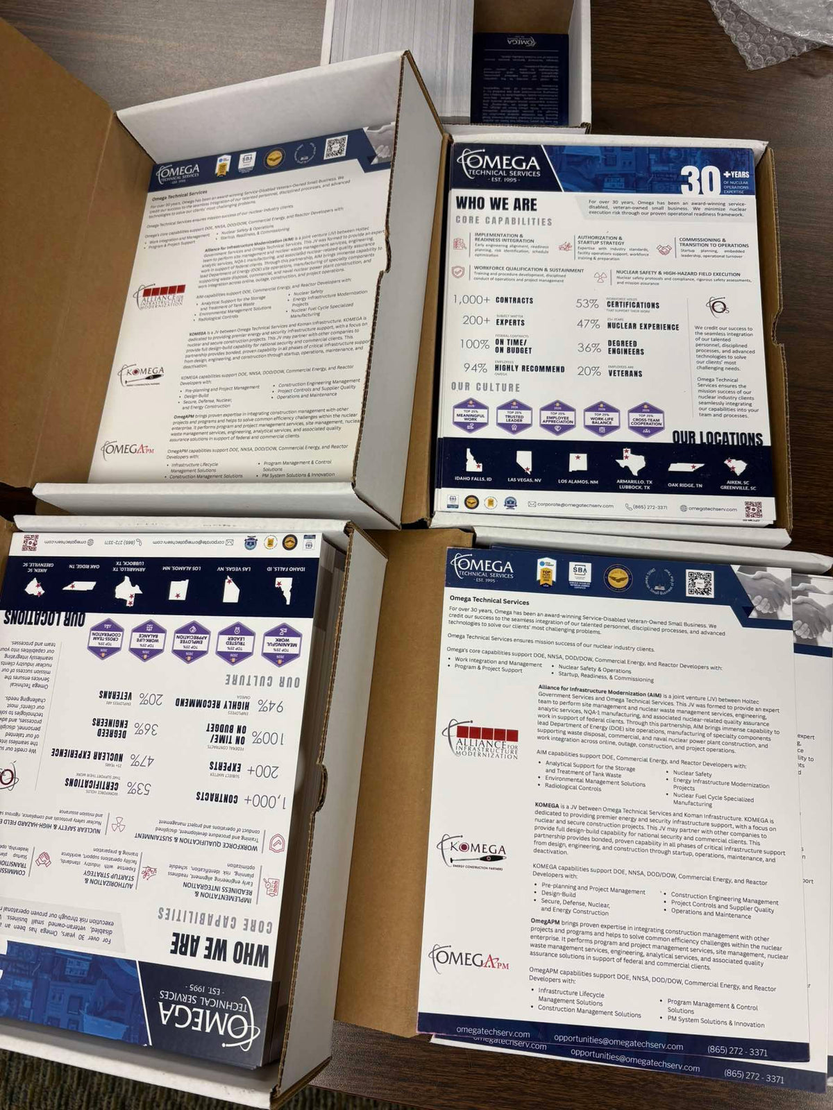 Boxes of custom printed Omega Technical Services flyers, by United Branding Supply
